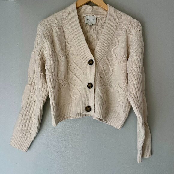 NEW Pink Rose Beige Cable Knit Cardigan Sweater XS - Picture 1 of 4
